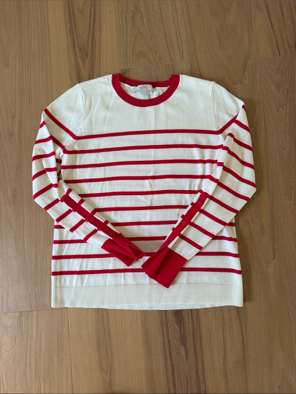 LOFT Red & White Striped Button-Cuff Sweater M
